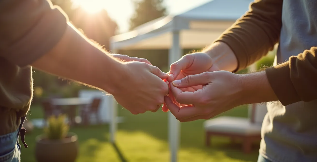 Assemblage modulaire de deux petits barnums pliants reliés dans un jardin