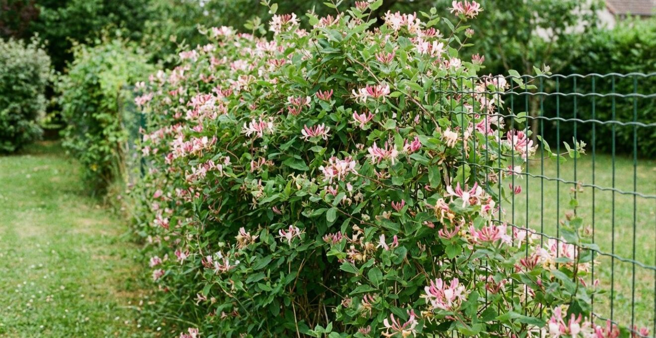 Clôture grillagée progressivement couverte de chèvrefeuille en fleurs dans un jardin français