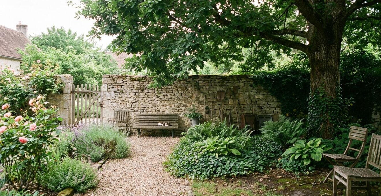 Jardin avec mur partiellement ombragé montrant la différence d'exposition selon les zones