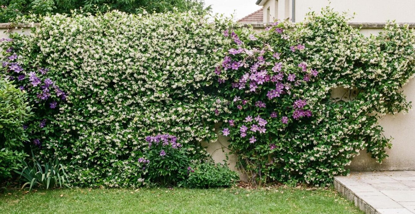 Mur de jardin entièrement couvert de jasmin étoilé et clématite violette dans un jardin résidentiel français