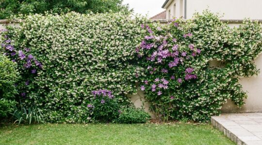 Mur de jardin entièrement couvert de jasmin étoilé et clématite violette dans un jardin résidentiel français