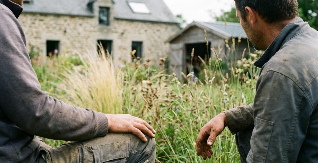 Paysagiste en tenue de travail observant un massif de graminées dans un jardin résidentiel breton