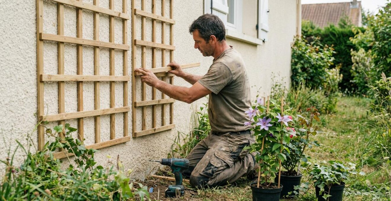 Paysagiste fixant un treillage en bois contre un mur crépi avec jeunes plantes grimpantes en pots