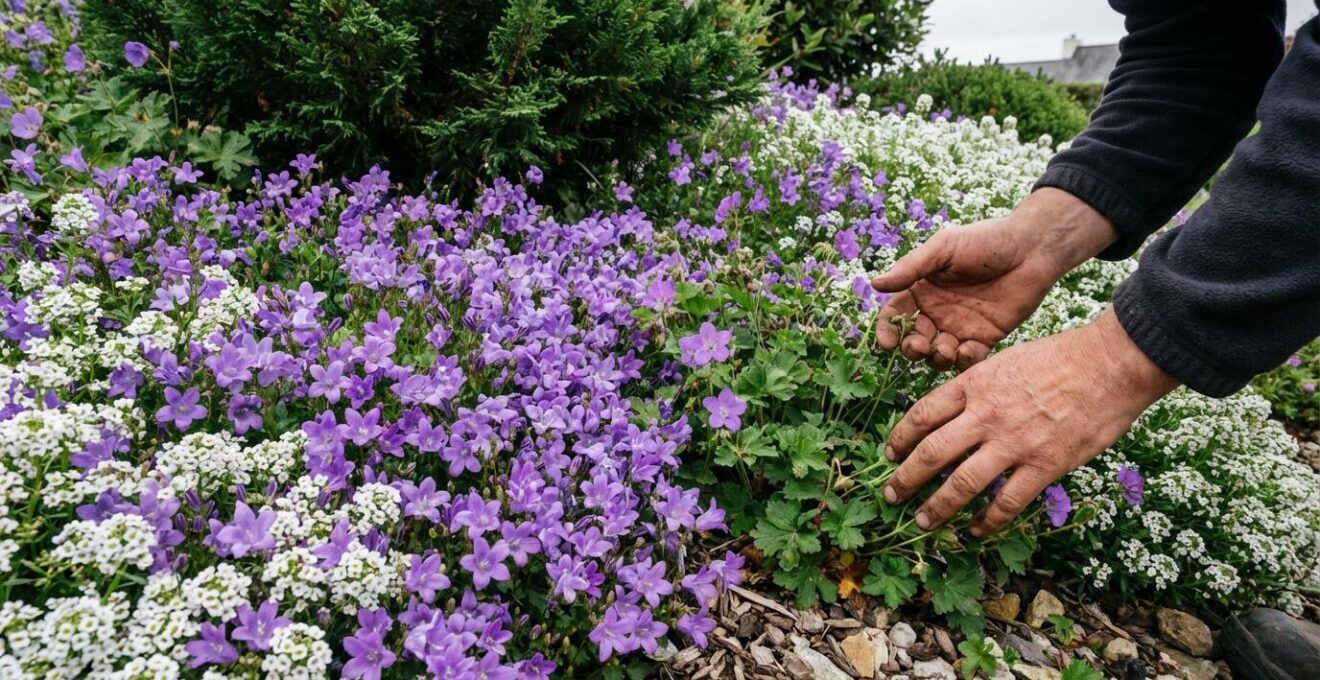 Tapis de vivaces couvre-sols en floraison formant un effet végétal dense au pied d'arbustes