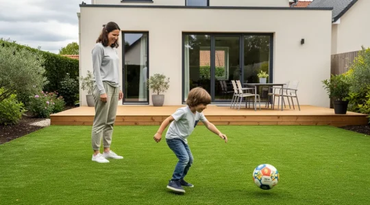 Jardin résidentiel avec gazon synthétique verdoyant et famille profitant de la terrasse