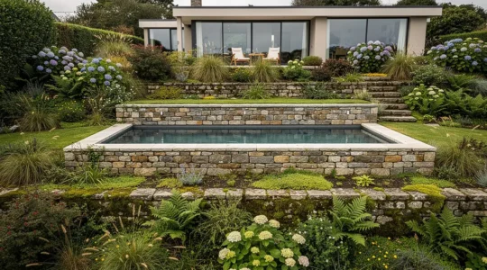 Jardin breton en terrasses étagées avec spa encastré et murets pierre locale