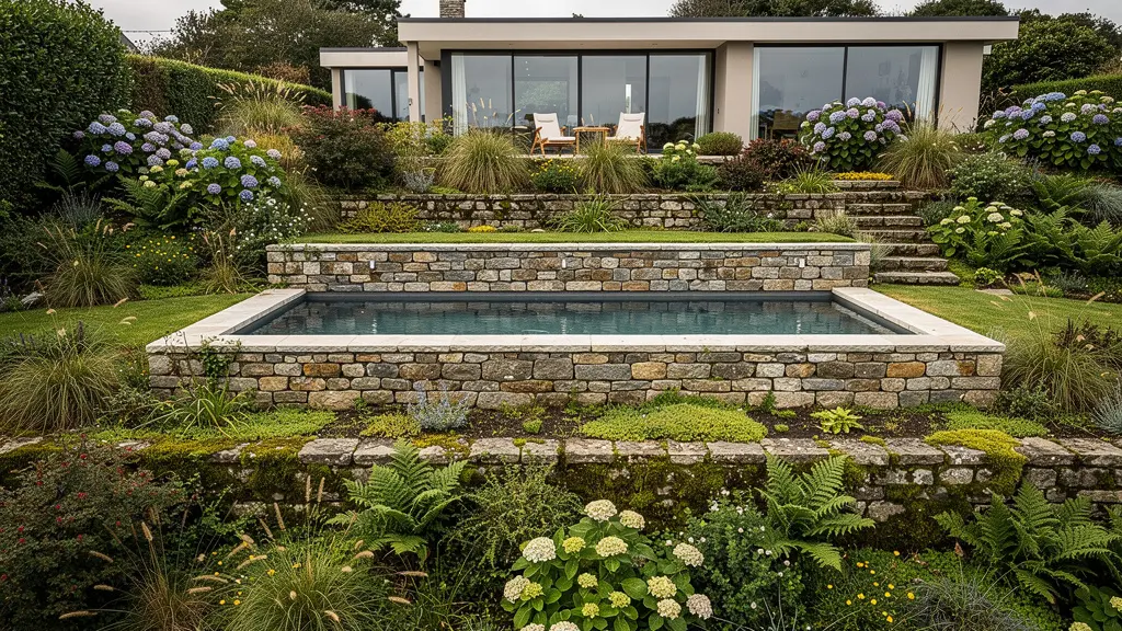 Jardin breton en terrasses étagées avec spa encastré et murets pierre locale