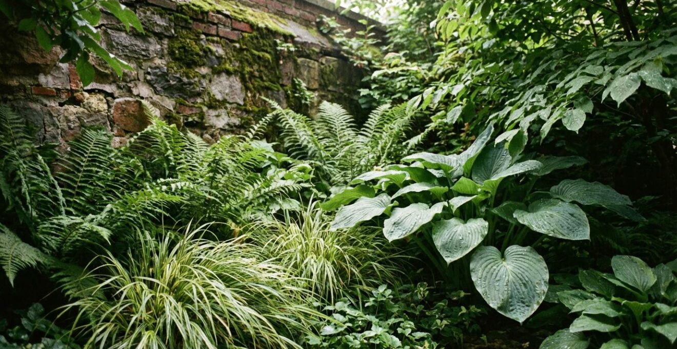 Massif de végétaux persistants adaptés à l'ombre avec fougères et hostas