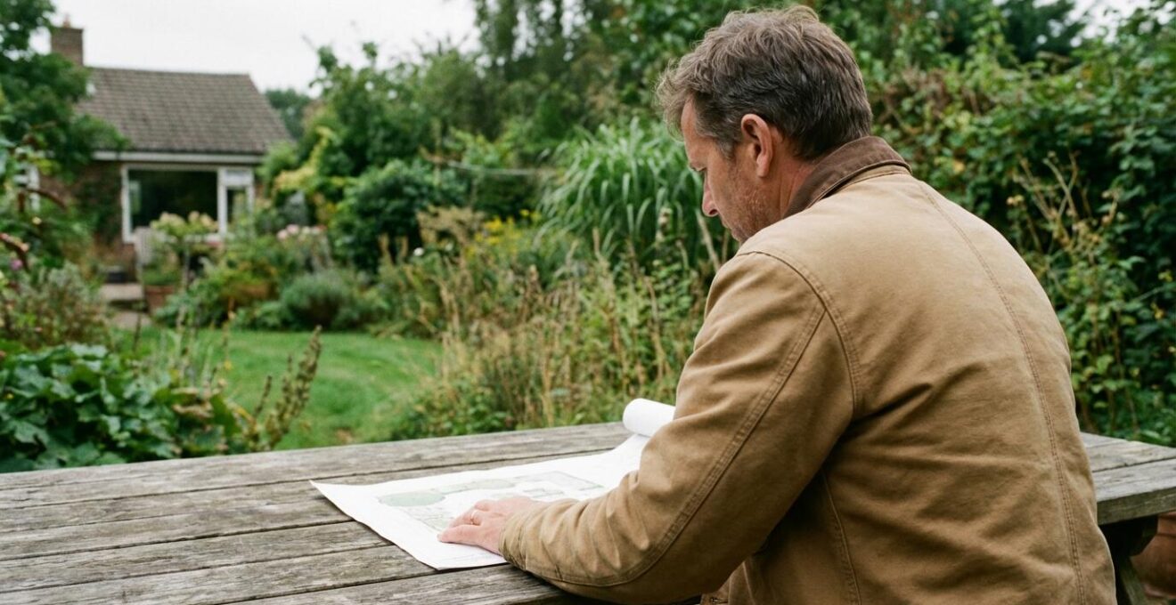 Paysagiste consultant un plan d'aménagement de petit jardin urbain