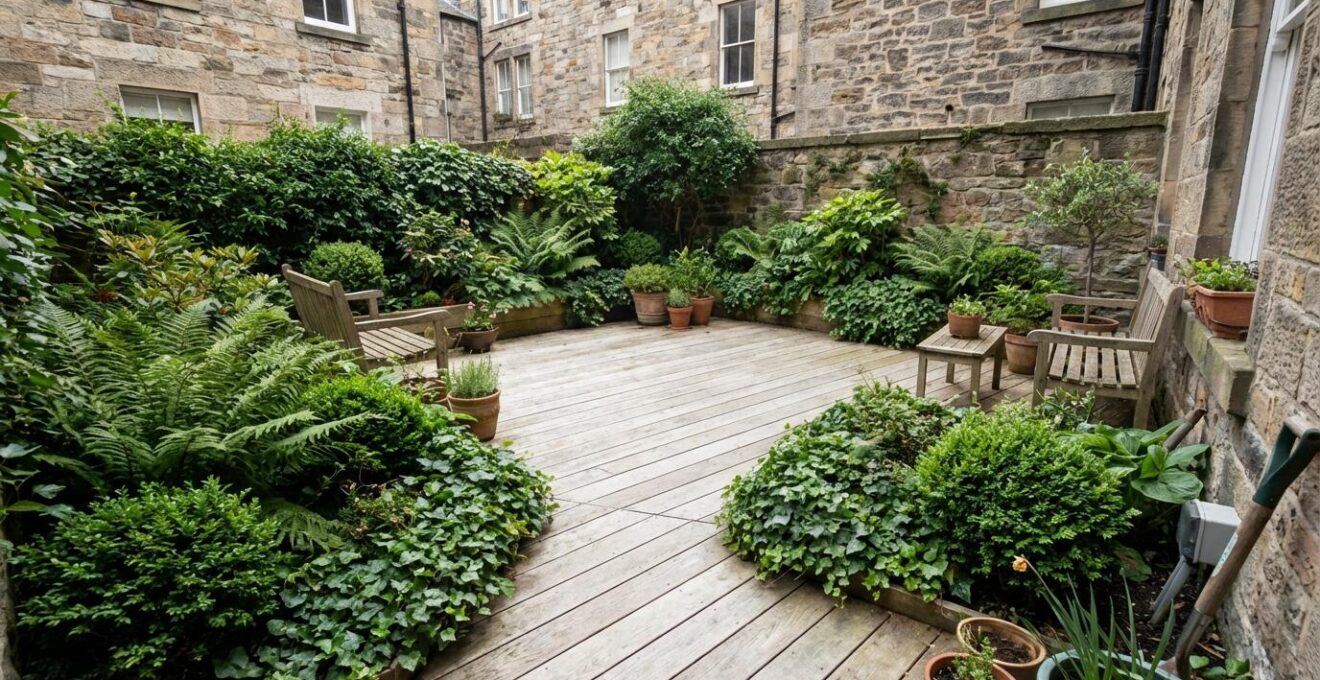 Petit jardin urbain aménagé avec terrasse bois et massifs végétaux persistants