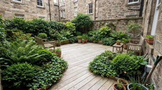 Petit jardin urbain aménagé avec terrasse bois et massifs végétaux persistants