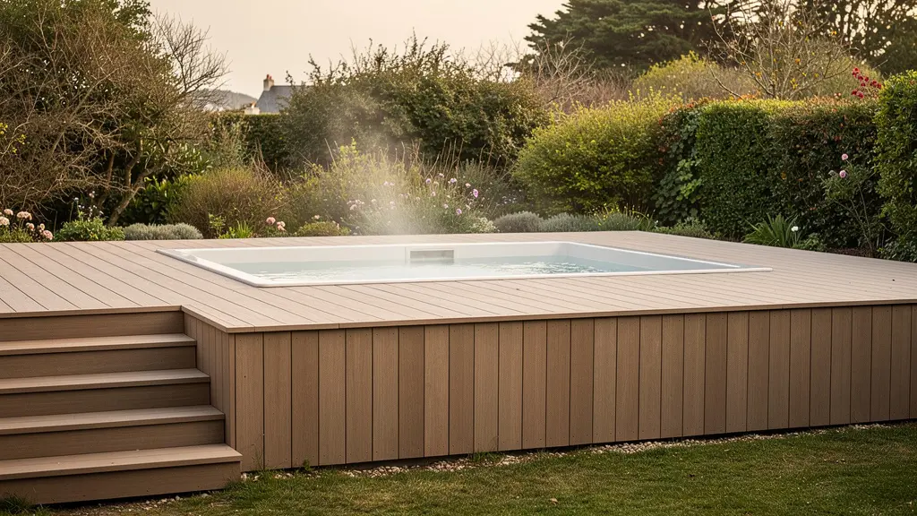 Spa intégré dans terrasse bois sur terrain en pente avec vue dégagée sur jardin