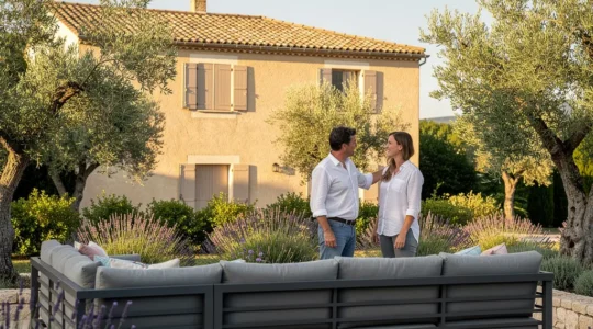 Terrasse contemporaine aménagée avec salon de jardin haut de gamme en aluminium anthracite