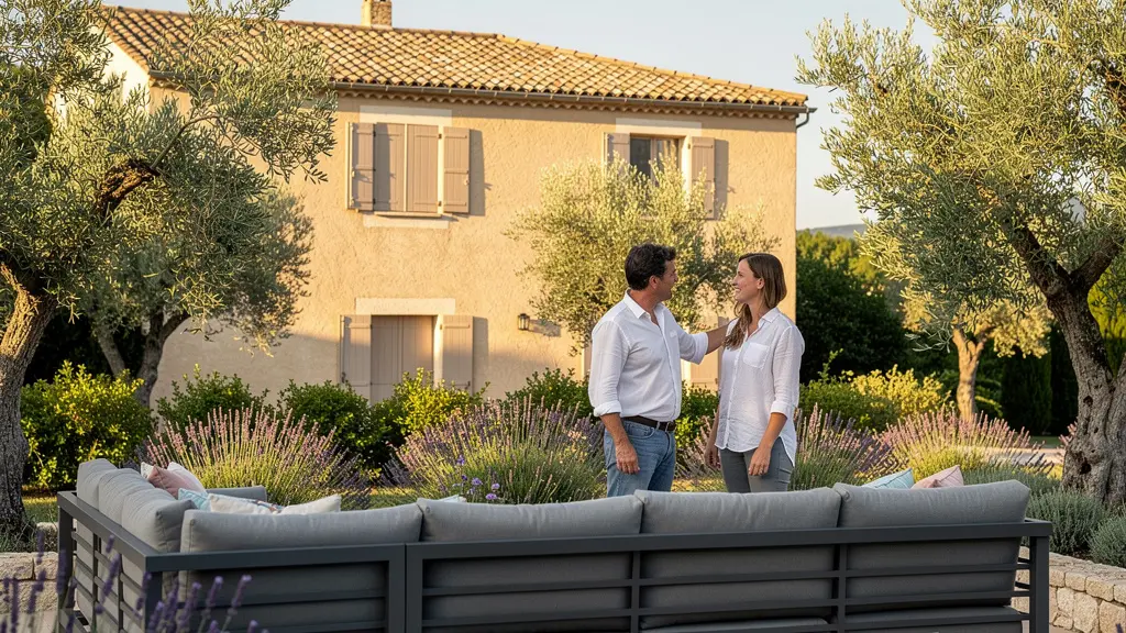 Terrasse contemporaine aménagée avec salon de jardin haut de gamme en aluminium anthracite