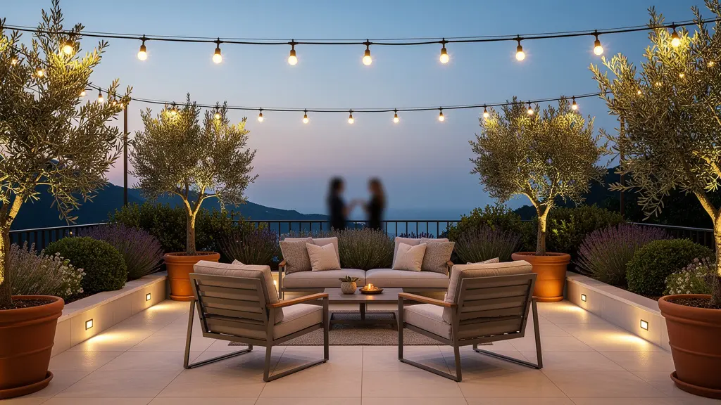 Terrasse éclairée le soir avec guirlandes et spots créant ambiance chaleureuse