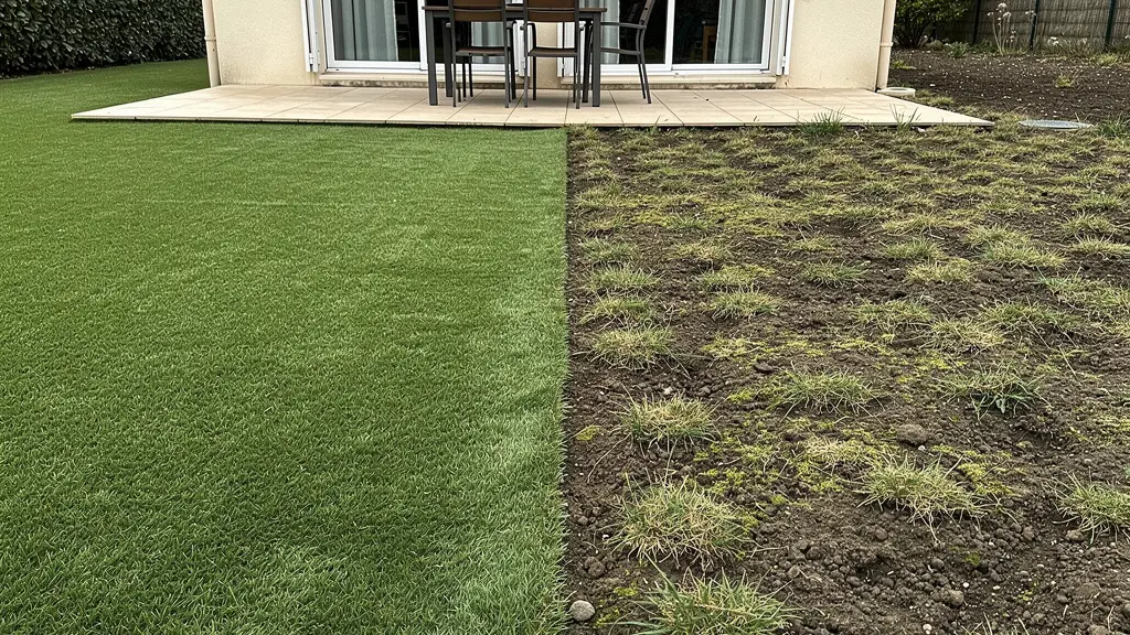Comparaison visuelle jardin avant et après pose gazon synthétique