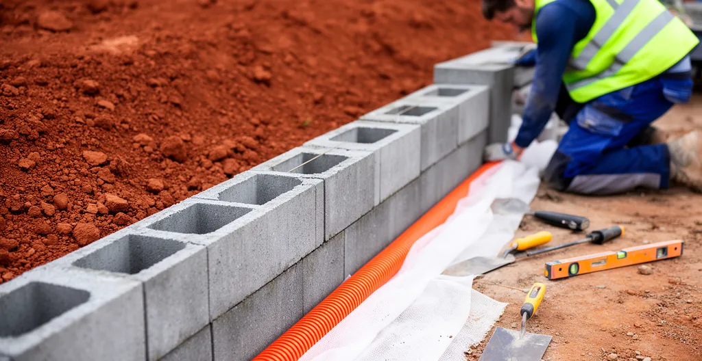 Muret de soutènement en construction avec drain agricole visible avant remblaiement