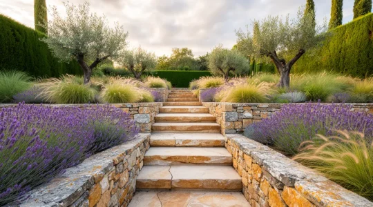 Jardin en terrasses étagées avec escalier central en pierre naturelle et végétation méditerranéenne