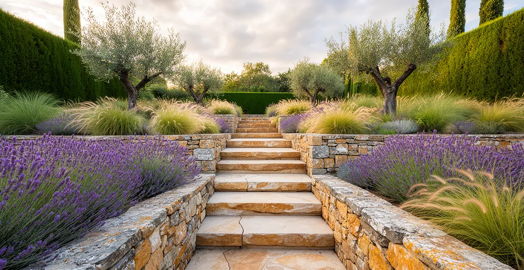 Jardin en terrasses étagées avec escalier central en pierre naturelle et végétation méditerranéenne