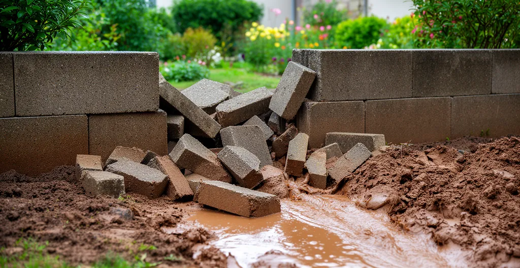 Muret de jardin en parpaings partiellement effondré révélant absence de système de drainage