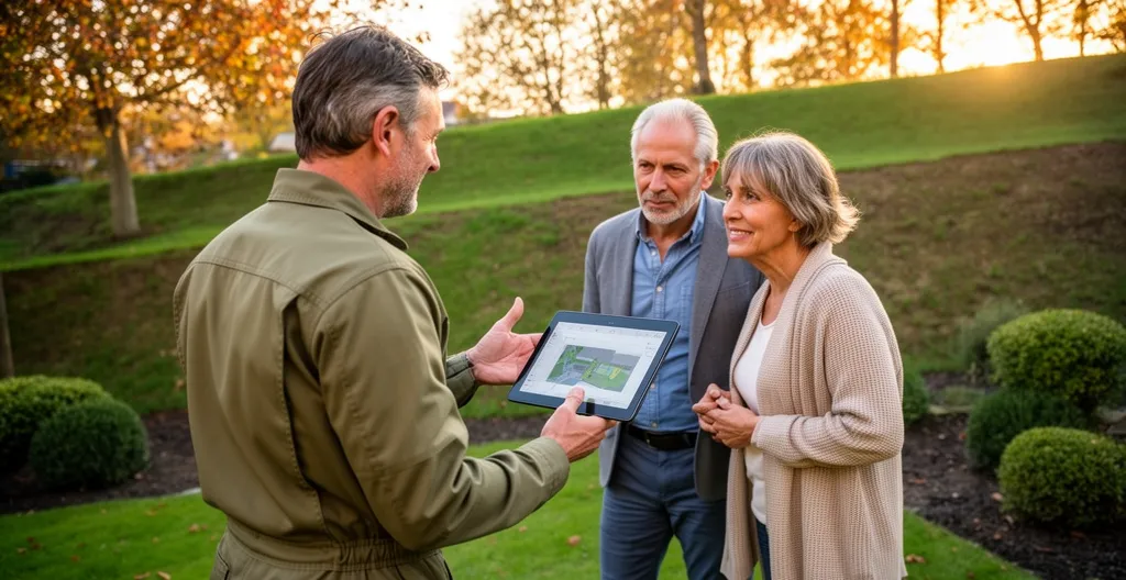 Paysagiste présentant un projet d'aménagement sur tablette à des propriétaires dans leur jardin en pente