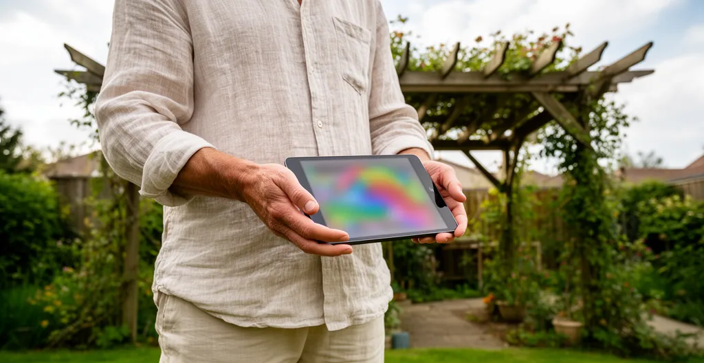 Comparaison visuelle d'un rendu 3D de pergola sur tablette dans un jardin