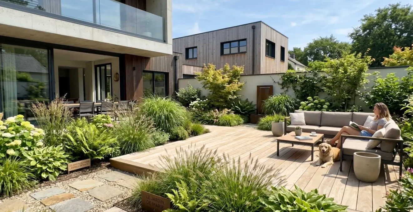 Vue d'ensemble d'un jardin contemporain aménagé avec une terrasse en bois clair et des massifs végétaux structurés sous la lumière naturelle