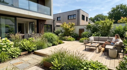 Vue d'ensemble d'un jardin contemporain aménagé avec une terrasse en bois clair et des massifs végétaux structurés sous la lumière naturelle
