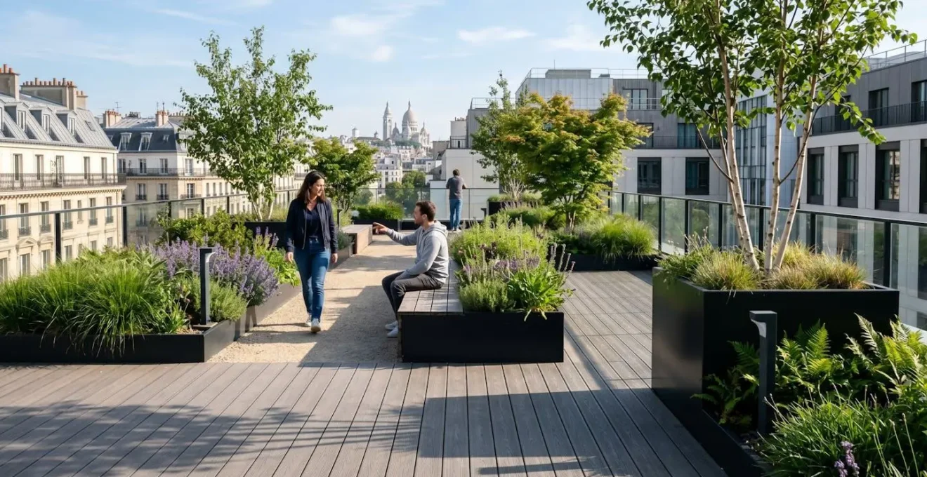 Vue d'ensemble d'un jardin urbain contemporain avec terrasse en bois composite et végétation structurée en massifs variés sous un ciel lumineux