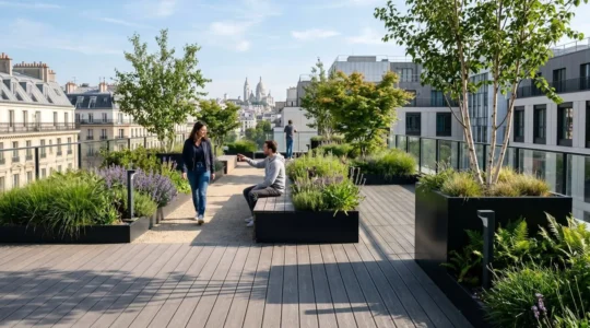 Vue d'ensemble d'un jardin urbain contemporain avec terrasse en bois composite et végétation structurée en massifs variés sous un ciel lumineux