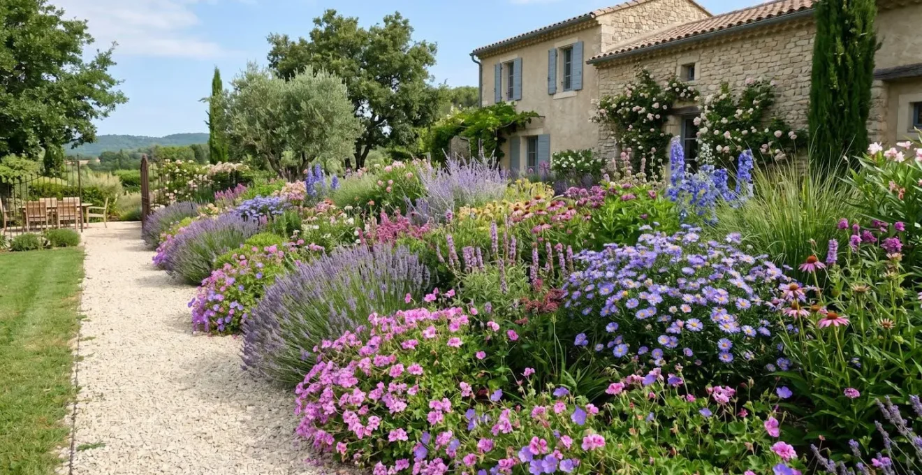 Massif de vivaces colorées à hauteurs variées dans un jardin résidentiel français contemporain sous lumière naturelle