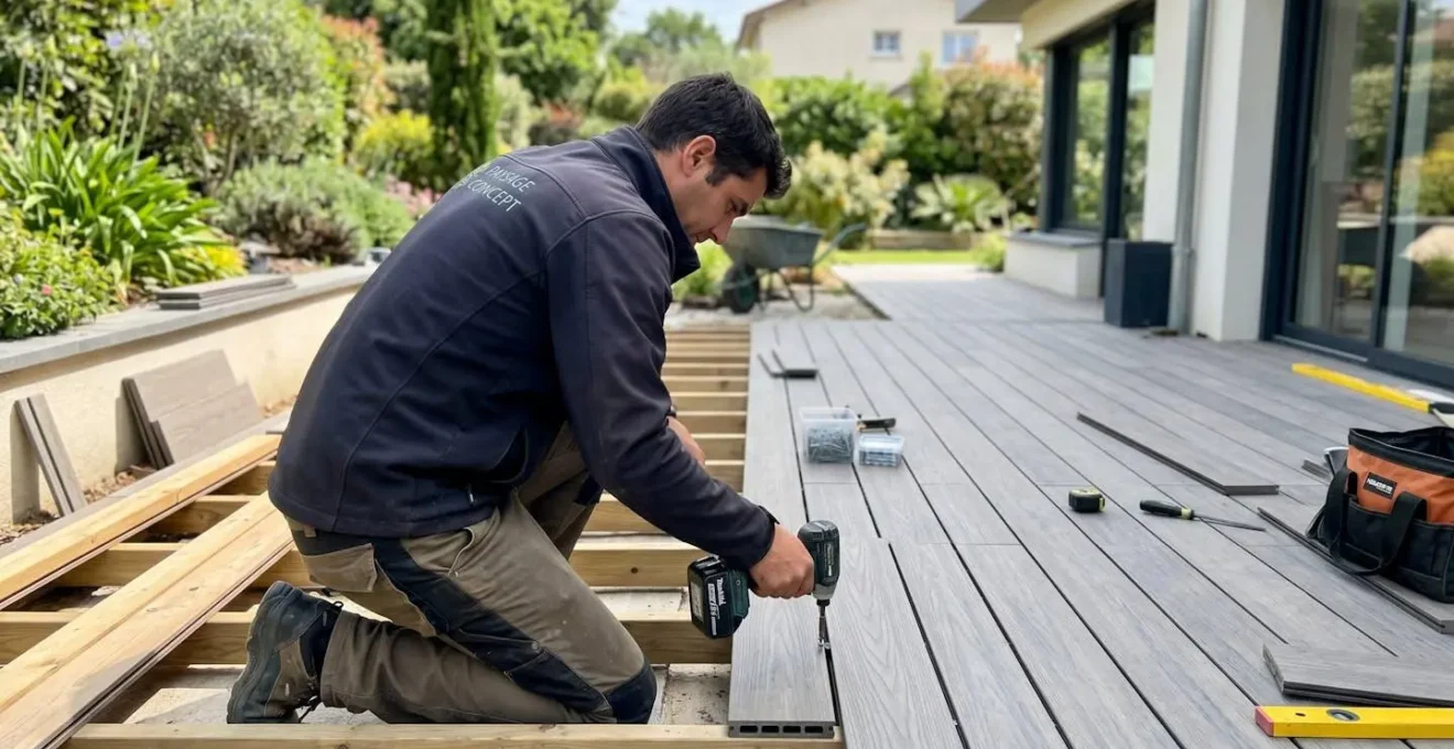 Artisan paysagiste vu de dos en train de poser des lames de terrasse composite sur un chantier d'aménagement extérieur urbain