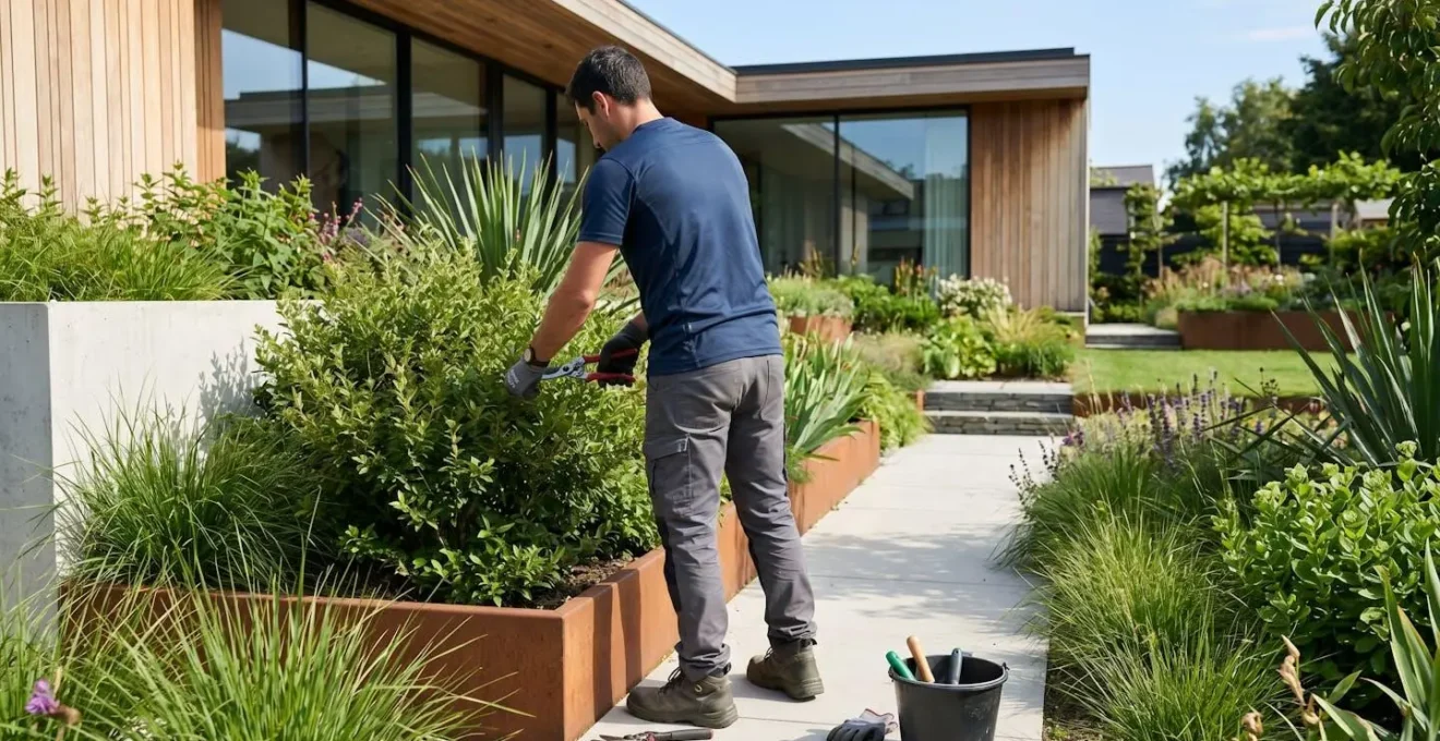 Vue de profil d'un paysagiste professionnel en tenue de travail aménageant un espace extérieur, photographié de dos lors d'une intervention sur chantier en plein jour