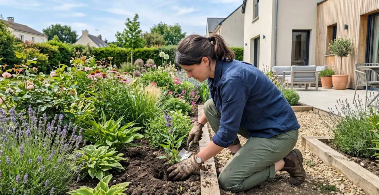 Une personne vue de dos plante des vivaces dans un massif fleuri d'un jardin résidentiel français contemporain