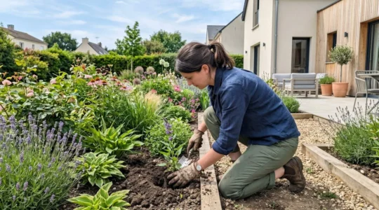 Une personne vue de dos plante des vivaces dans un massif fleuri d'un jardin résidentiel français contemporain