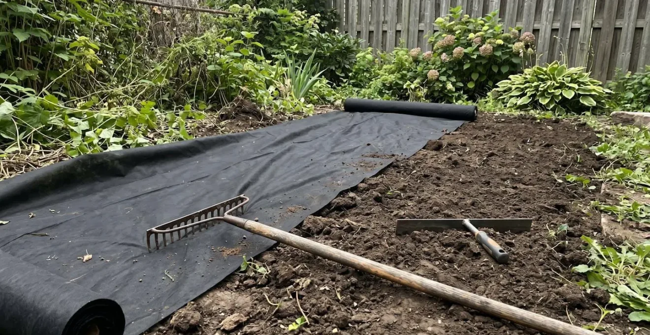 Géotextile anti-repousse déroulé sur sol de jardin nivelé, outils de préparation visibles, chantier en cours