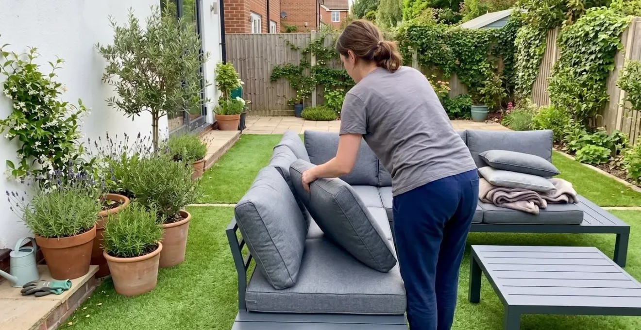 Personne de dos installant des coussins sur salon de jardin posé sur pelouse synthétique, plantes en pots à proximité
