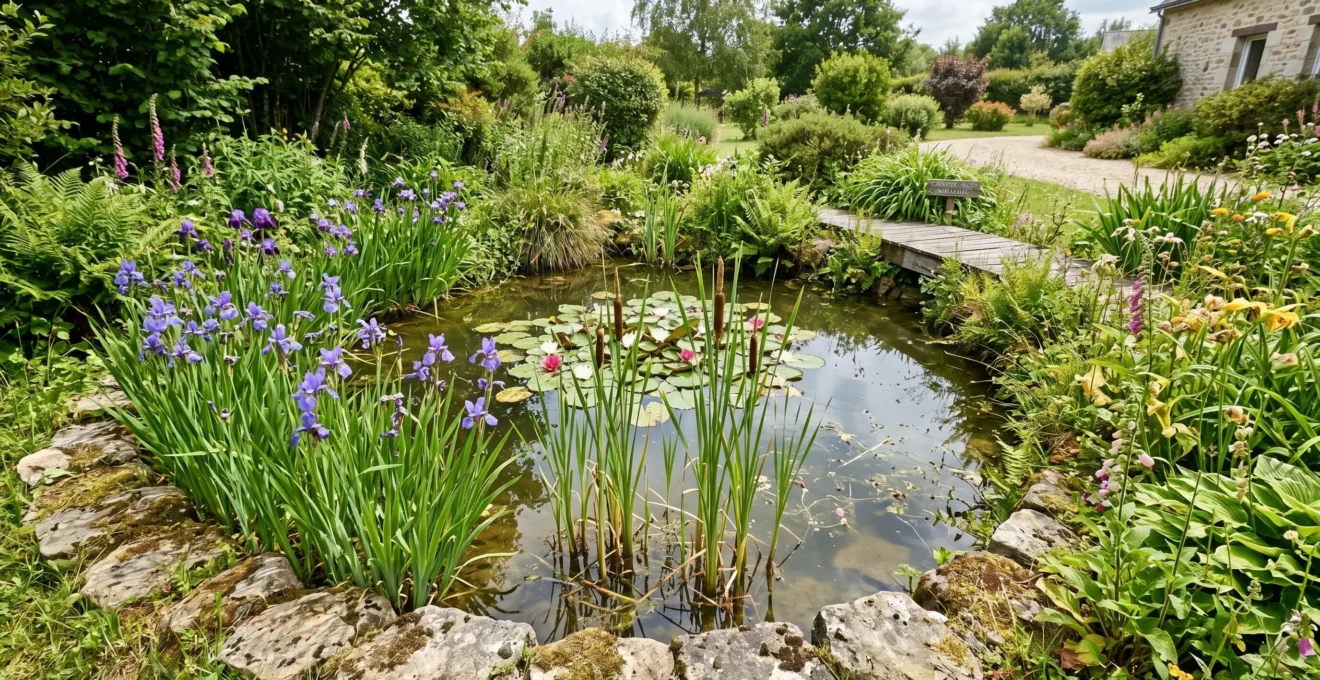 Bassin de jardin végétalisé avec iris des marais en fleurs sur la berge, massettes émergées en zone peu profonde et nénuphars à la surface de l'eau, bordure en pierres naturelles, jardin contemporain français