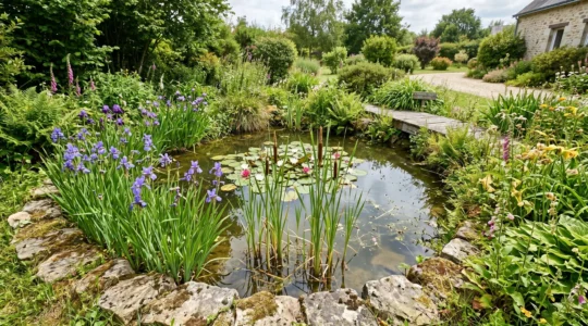 Bassin de jardin végétalisé avec iris des marais en fleurs sur la berge, massettes émergées en zone peu profonde et nénuphars à la surface de l'eau, bordure en pierres naturelles, jardin contemporain français