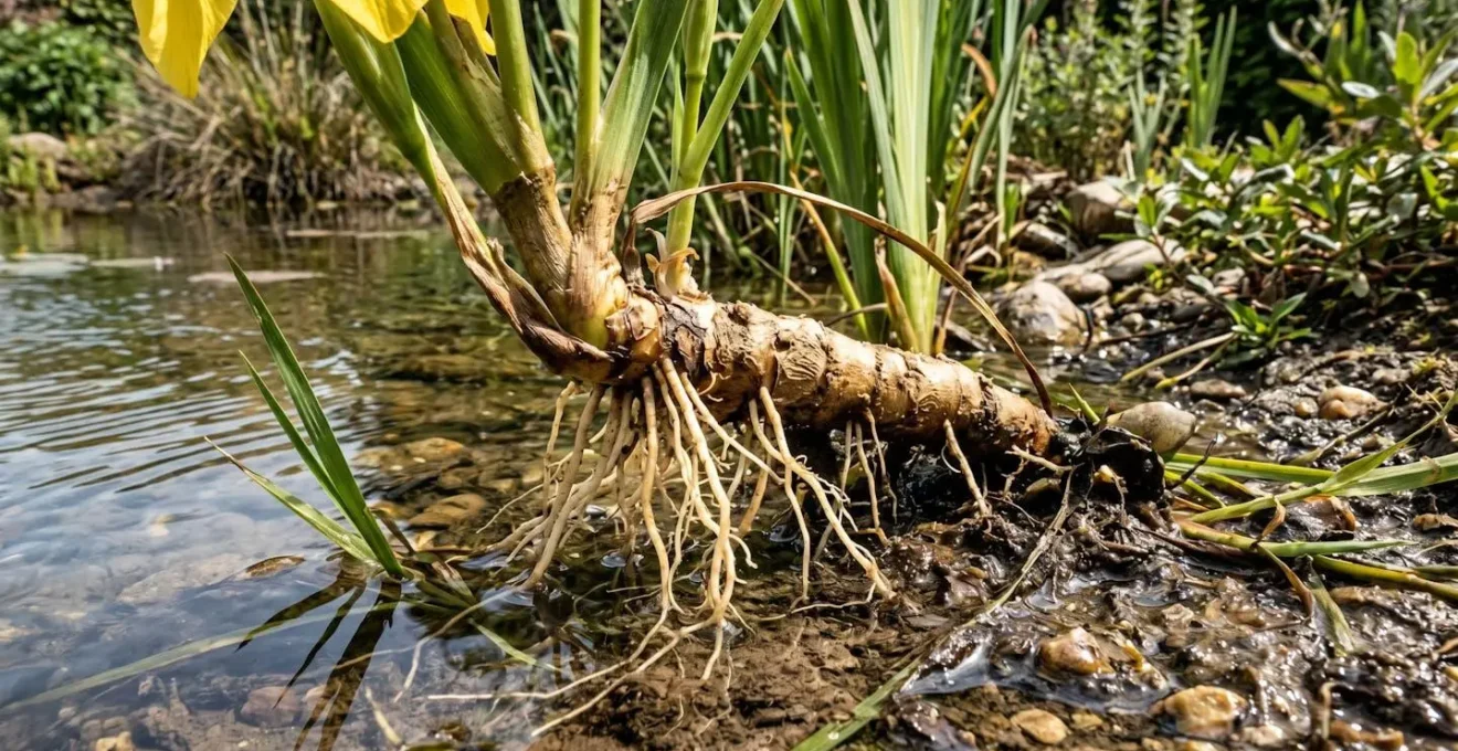 Iris des marais planté en bordure de bassin, rhizome partiellement immergé dans 5 à 8 cm d'eau, racines visibles dans le substrat boueux, détail macro de la zone de plantation