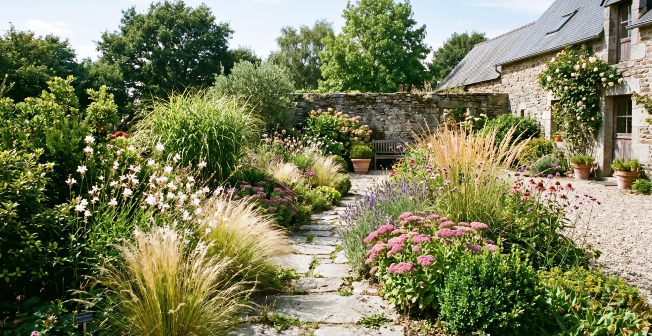 Jardin contemporain en Bretagne avec graminées ornementales, vivaces fleuries et arbustes persistants en exposition plein sud