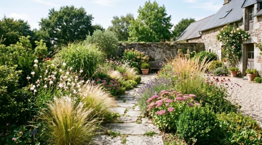 Jardin contemporain en Bretagne avec graminées ornementales, vivaces fleuries et arbustes persistants en exposition plein sud