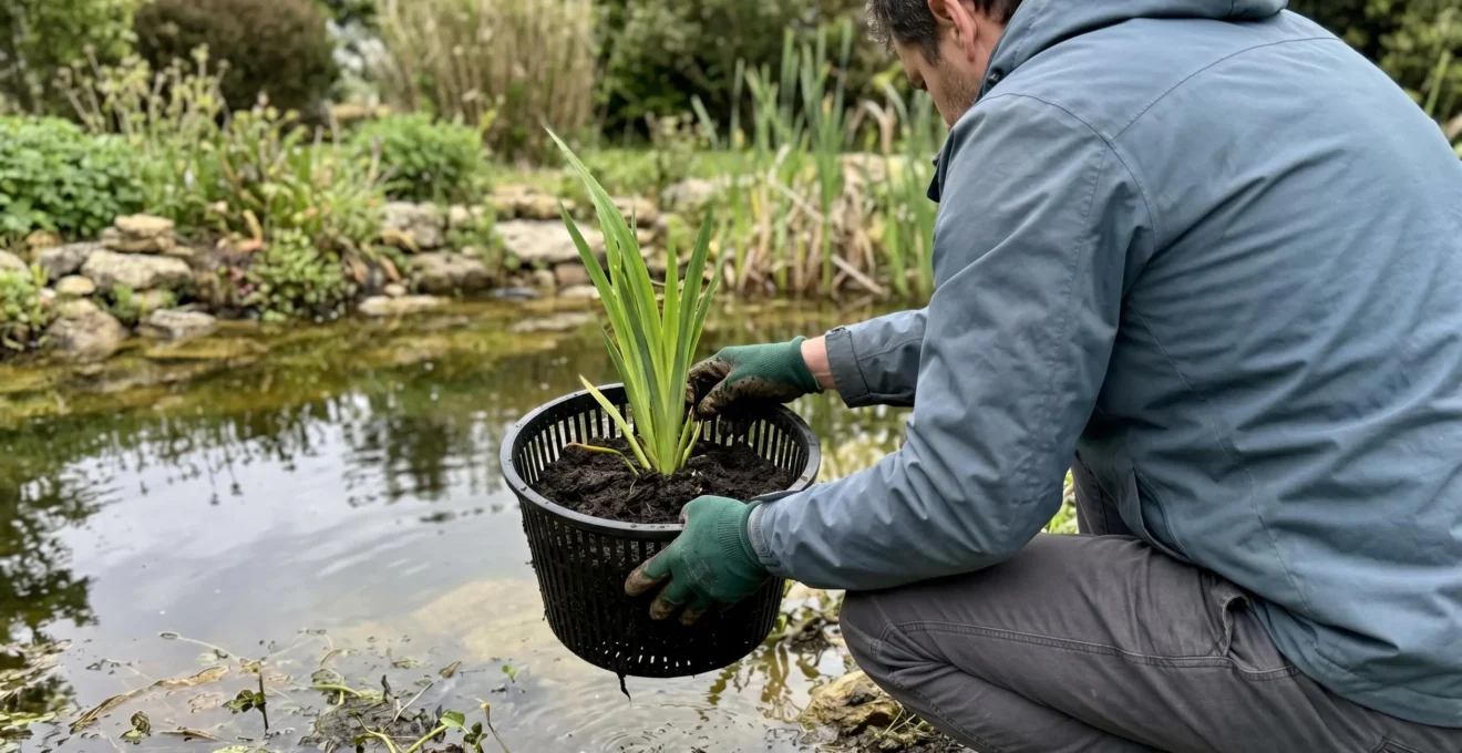 Personne de dos installant une plante aquatique dans un panier de plantation au bord d'un bassin de jardin, mains gantées tenant le panier avec substrat et iris, jardin contemporain français
