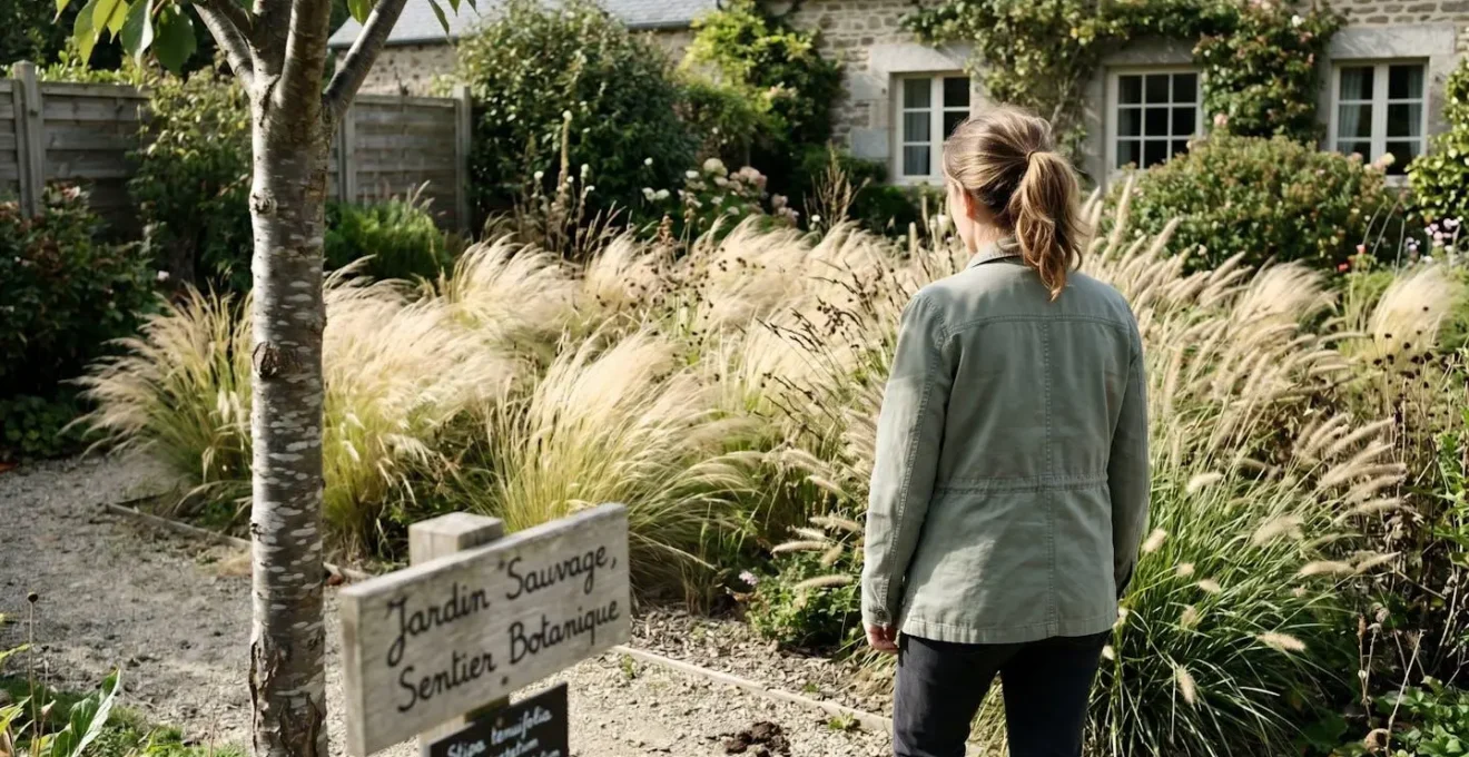 Personne observant de dos le mouvement naturel des graminées ornementales dans un jardin ensoleillé breton