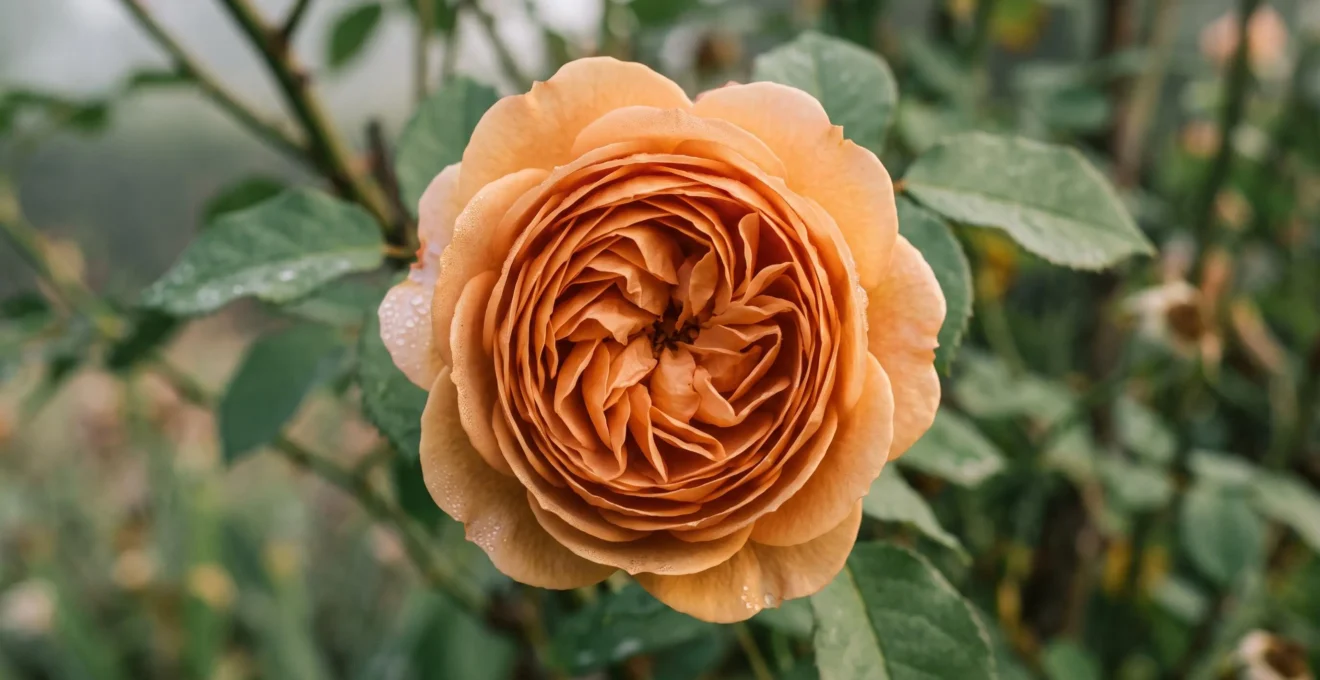 Gros plan macro sur une fleur épanouie de rosier Lady of Shalott montrant sa forme en coupe caractéristique des rosiers anglais et ses pétales abricot chaud imbriqués en spirale avec gouttes de rosée