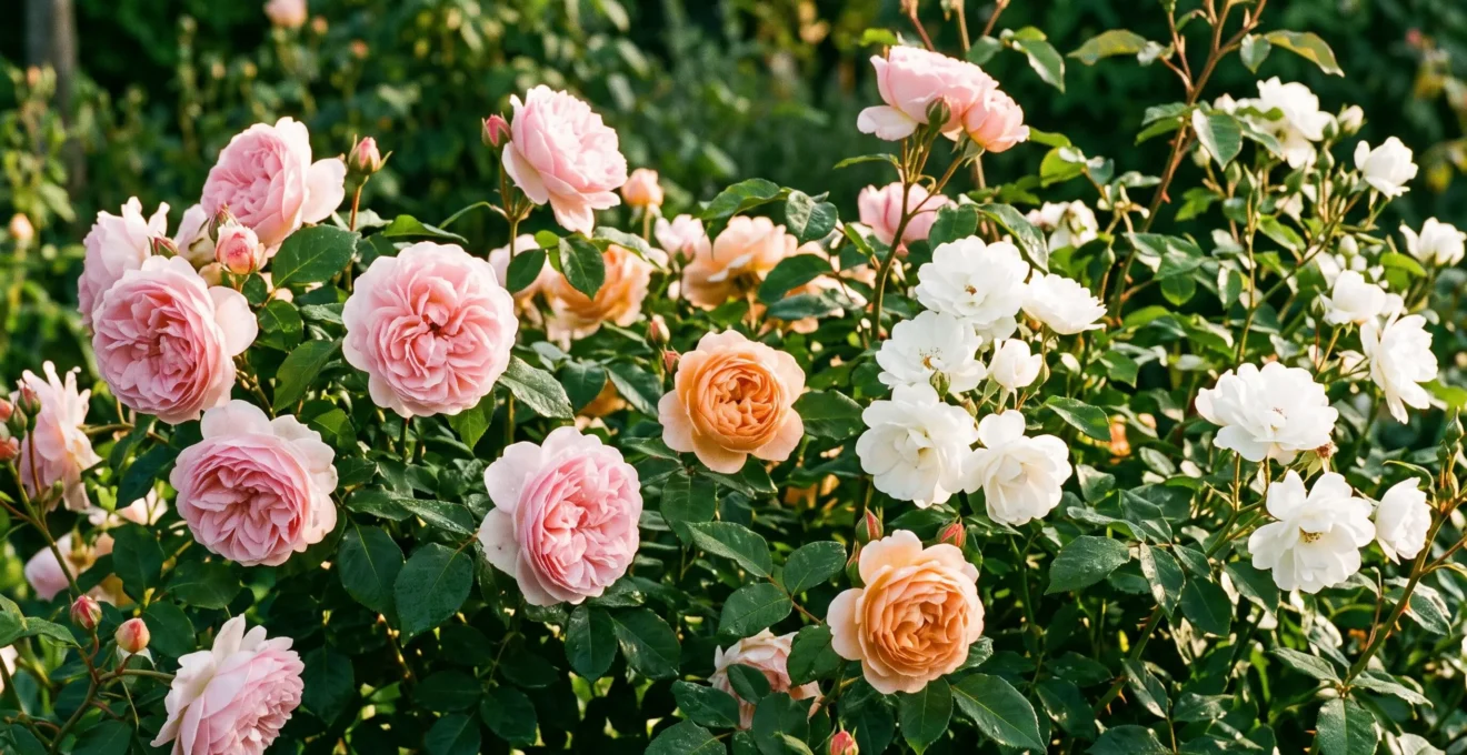 Massif de rosiers en pleine floraison présentant plusieurs variétés aux couleurs rose nacré, blanc pur et abricot, photographié au petit matin dans un jardin français avec rosée sur les pétales et feuillage vert brillant