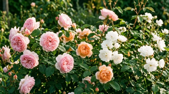 Massif de rosiers en pleine floraison présentant plusieurs variétés aux couleurs rose nacré, blanc pur et abricot, photographié au petit matin dans un jardin français avec rosée sur les pétales et feuillage vert brillant