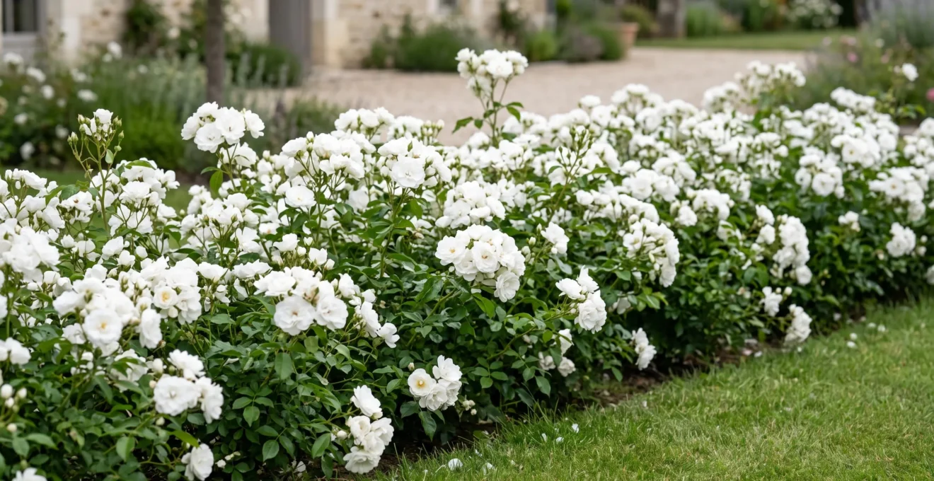Massif de rosiers Iceberg en pleine floraison blanche dans un jardin français, montrant la densité de plantation avec espacement régulier et l'abondance de fleurs blanches immaculées contrastant avec le feuillage vert brillant