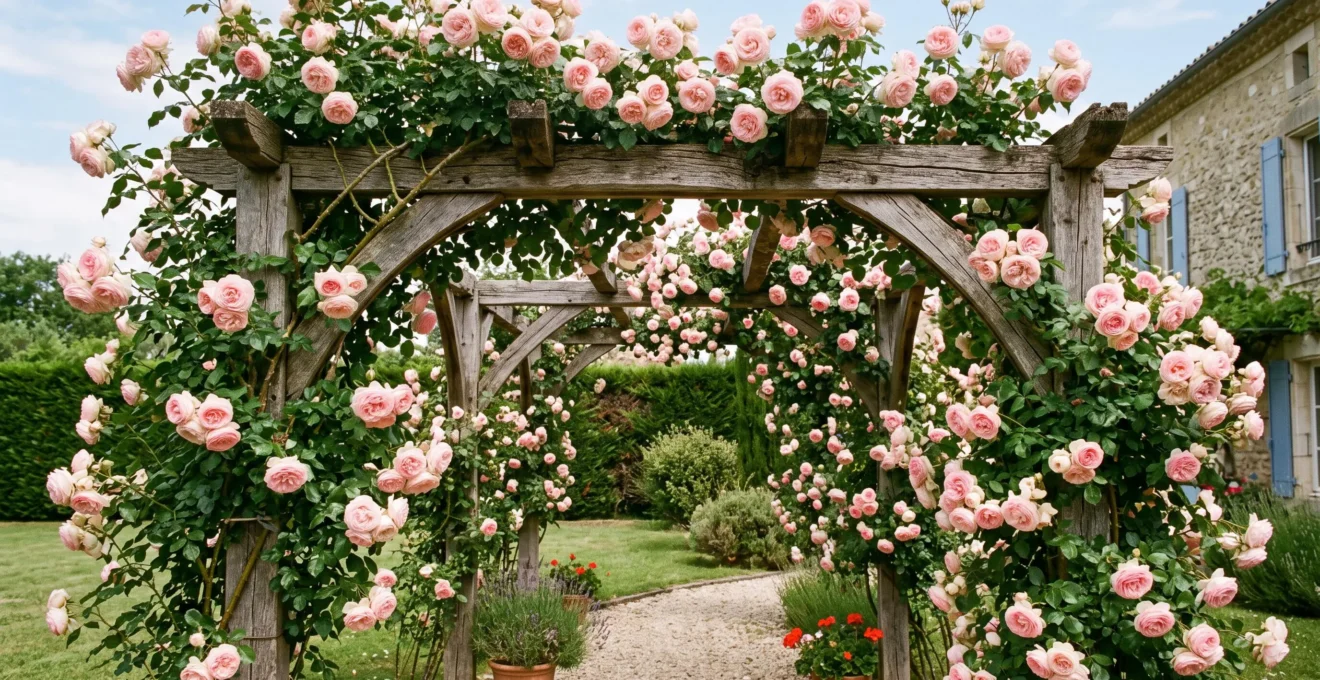 Rosier grimpant Pierre de Ronsard en pleine floraison couvrant une pergola en bois dans un jardin français, montrant ses fleurs doubles rose nacré en bouquets abondants et son feuillage vert foncé
