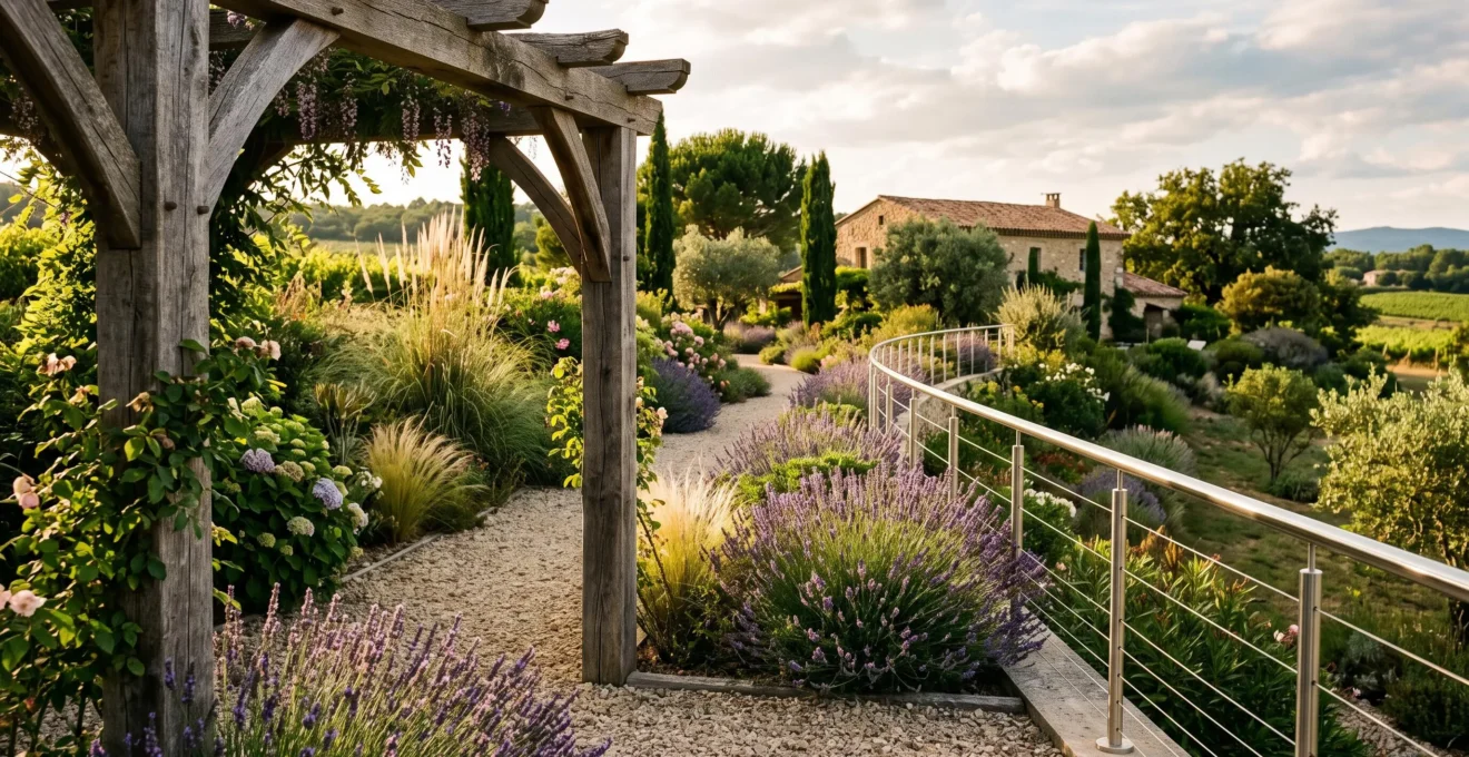 Une pergola en bois côtoie un garde-corps en inox le long d'un chemin de jardin.